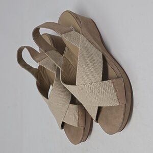 Eileen Fisher Crisscross Peep Toe Slingback  Low Wedge Sandals Oatmeal Size 6